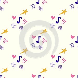 Cartoon cute doodles hand drawn Musical seamless pattern. Colorful detailed, with lots of objects background.