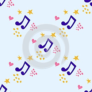 Cartoon cute doodles hand drawn Musical seamless pattern. Colorful detailed, with lots of objects background.