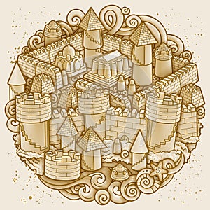 Cartoon cute doodles hand drawn summer beach sand castle round illustration