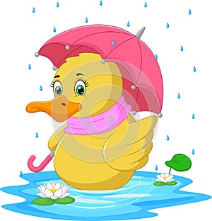 Cartoon cute duck using umbrella in the rain