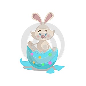 Cartoon cute easter bunny hatching from painted colorful egg. Easter spring vector mascot illustration.