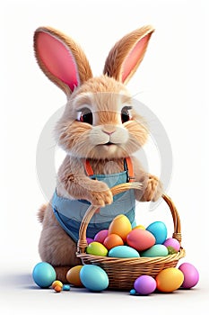 Cartoon cute Easter bunny on white background with a basket of eggs and spring flowers is an illustration of a children\'s