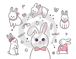 Cartoon cute elements adorable rabbit actions vector.