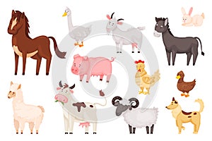 Cartoon cute farm animals and birds, rural domestic livestock. Sheep chicken duck, rabbit, goose, cow, donkey, goat, pig