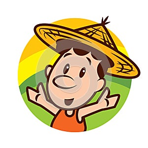 Cartoon cute farmer character wearing farmer straw hat with welcome hands on nature round background