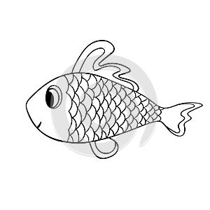 Cartoon cute fish. Hand drawing outline colouring pictures. Isolated items. Suitable for children`s coloring and prints.