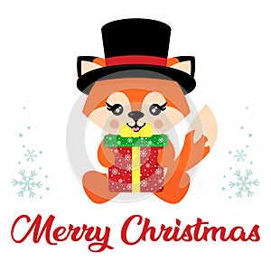 Cartoon cute fox with hat vector sitting and christmas present and christmas text