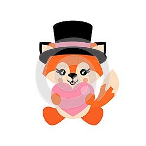 Cartoon cute fox with heart and hat sitiing vector