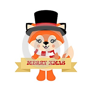 Cartoon cute fox with scarf in hat vector and christmas sign