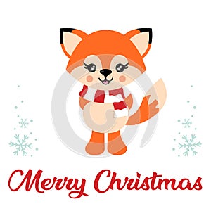 Cartoon cute fox with scarf vector and christmas text