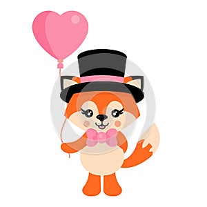 Cartoon cute fox with tie and hat with lovely balloons vector