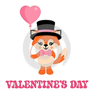 Cartoon cute fox with tie and hat with lovely balloons vector and text