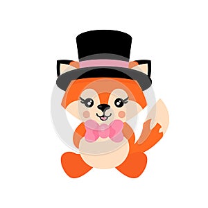 Cartoon cute fox with tie and hat sitting vector