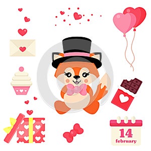 Cartoon cute fox with tie and hat sitting vector and valentines day element