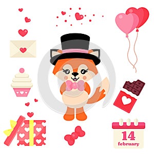 Cartoon cute fox with tie and hat vector and valentines day element