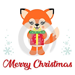 Cartoon cute fox vector and christmas present and christmas text