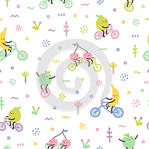 Cartoon cute fruits on bicycles.