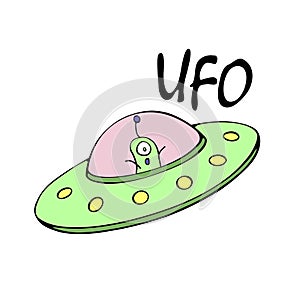 Cartoon cute funny Alien in Flying Saucer, UFO. Simple color vector illustration, icon in flat doodle style