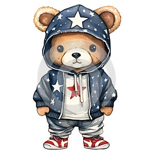 Cute Funny Baby Bear Wearing American Flag Clipart Illustration AI Generative