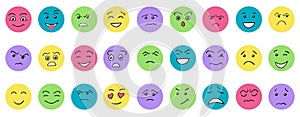 Cartoon cute and funny faces with positive and negative emotions