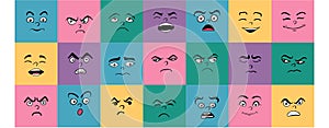 Cartoon cute and funny faces with positive and negative emotions