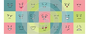 Cartoon cute and funny faces with positive and negative emotions