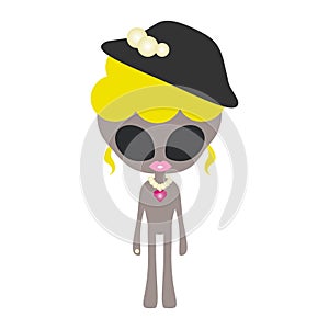 Cartoon cute funny grey alien character with standing pose, wearing elegant lady hat.