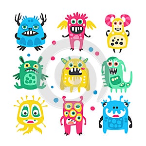 Cartoon cute funny monsters, aliens and bacterias set. Colorful collection of friendly monsters Illustration