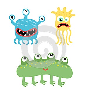 Cartoon cute and funny monsters and bacterias. Vector microbes isolated on white.