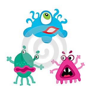 Cartoon cute and funny monsters and bacterias. Vector microbes isolated on white.