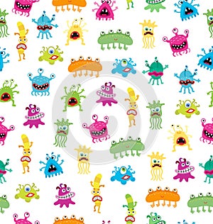 Cartoon cute and funny monsters and bacterias. Vector seamless pattern isolated on white.