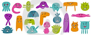 Cartoon cute and funny monsters with positive and negative emotions