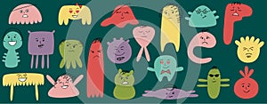 Cartoon cute and funny monsters with positive and negative emotions