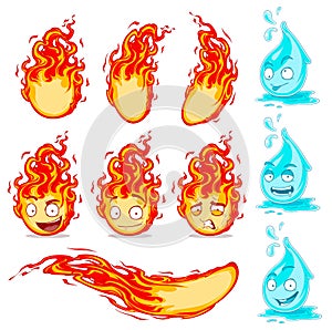 Cartoon cute funny water drops and fireballs