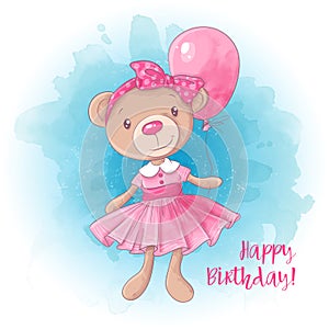 Cartoon cute girl bear with a balloon. Birthday card. Vector illustration