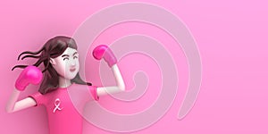 Cartoon cute girl with boxing glove on pink background, copy space text.