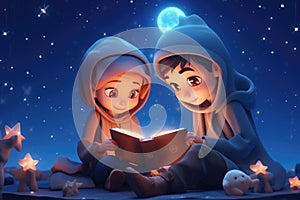 Cartoon Cute Girl and Boy Reading a Fairytale Magic Book Under the Magical Night Sky extreme closeup. Generative AI