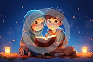 Cartoon Cute Girl and Boy Reading a Fairytale Magic Book Under the Magical Night Sky extreme closeup. Generative AI