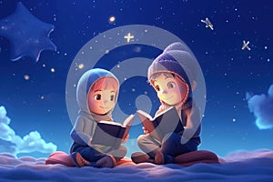 Cartoon Cute Girl and Boy Reading a Fairytale Magic Book Under the Magical Night Sky extreme closeup. Generative AI