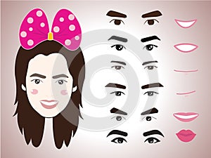 Cartoon cute girl character pack facial emotions design elements