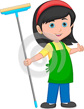 Cartoon cute girl holding mop