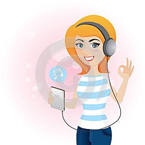 Cartoon cute girl listen music with headphone