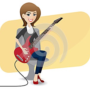 Cartoon cute girl playing electric guitar