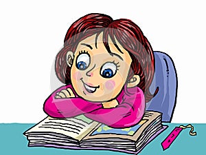 Cartoon cute girl reading book