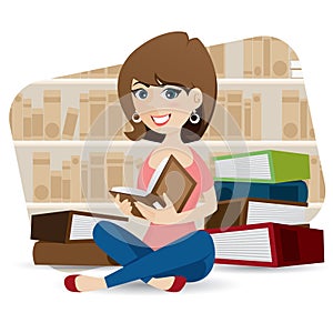 Cartoon cute girl reading book in library