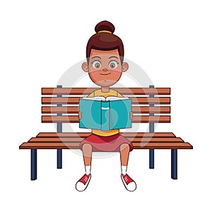 Cartoon cute girl reading a book sitting on a bench, colorful design