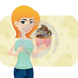 Cartoon cute girl with sweeties cupcake