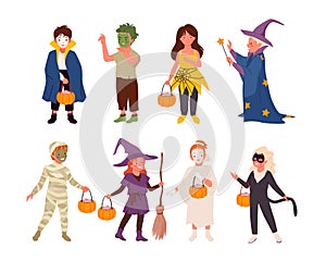 Cartoon cute girls boys in funny monster costumes holding treat pumpkin in hands on Halloween fun holiday isolated on