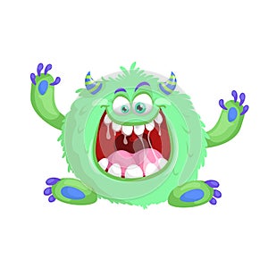 Cartoon cute green fluffy Monster. Design for print, party decoration, t-shirt, logo, emblem or stickers.