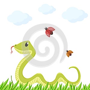 Cartoon cute green smiles snake vector animal illustration.